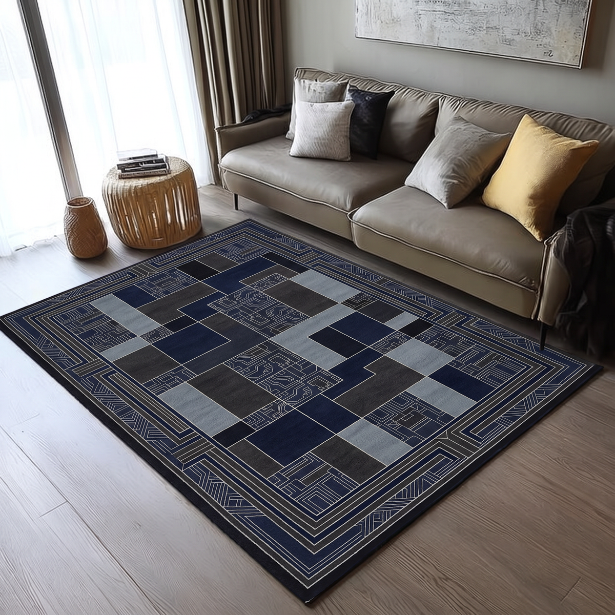 Navy Slate Framed Deco Rug, hand-knotted Indo-Nepali wool with navy, charcoal and slate colour-block panels inside a wide stepped Deco border, shown in a styled room