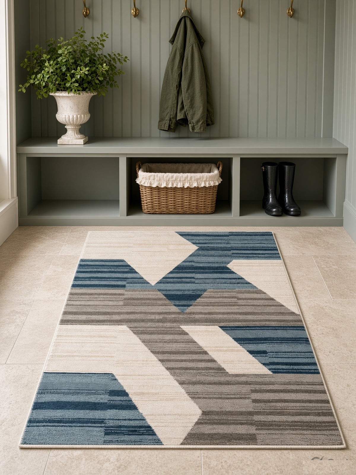 Modern Abstract Geometric Rug, hand-tufted wool rug, close-up view