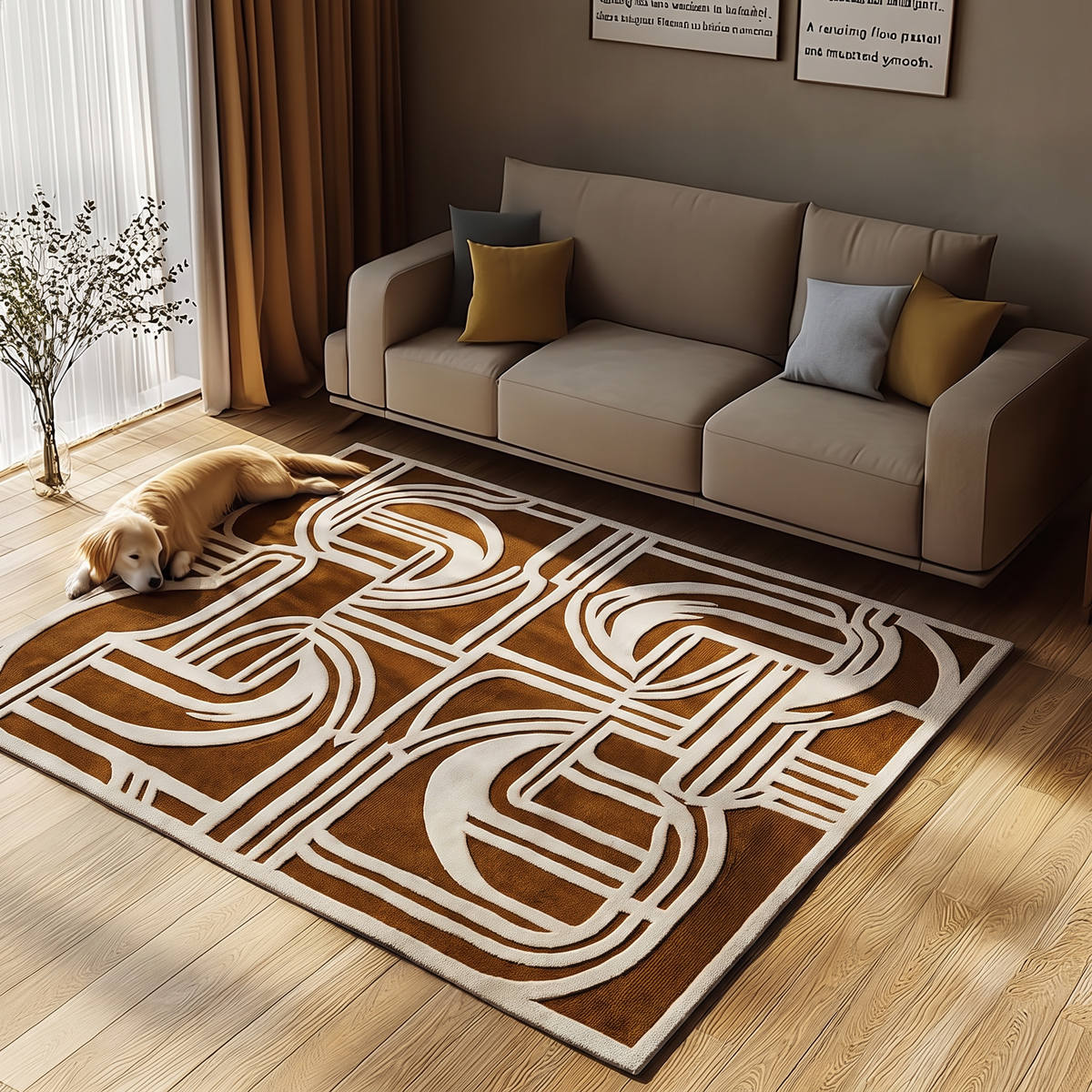 Goldenrod Calligraphy Line Rug, hand-tufted wool rug, shown in a styled room