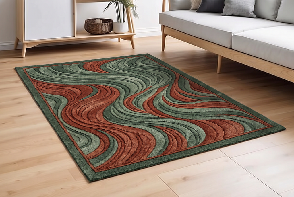 Flowing Ribbon Wave Rug, hand-tufted wool rug, shown in a styled room