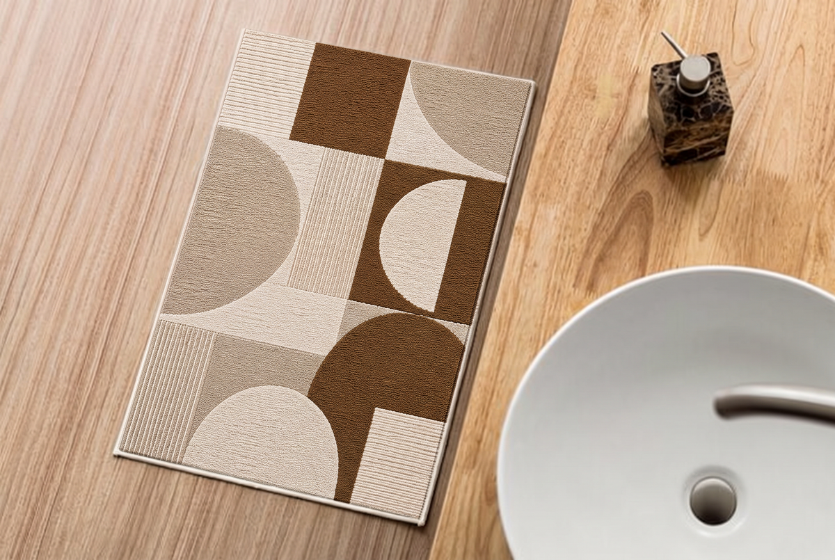 Caramel and Cream Geometric Circle Rug, hand-tufted wool rug, second room view