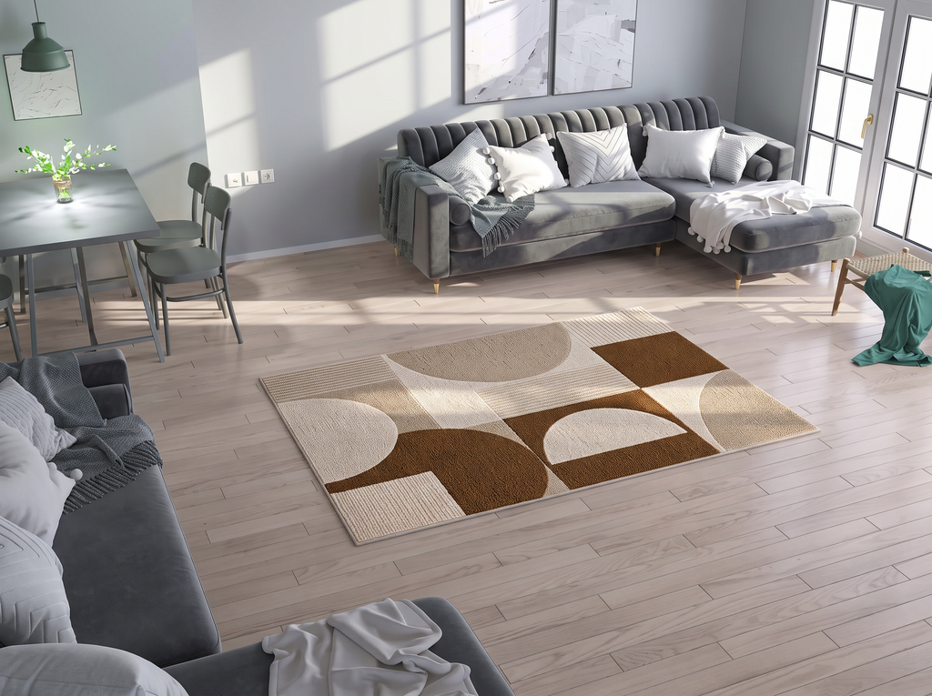 Caramel and Cream Geometric Circle Rug, hand-tufted wool rug, shown in a styled room