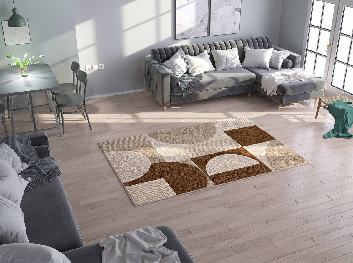 Caramel and Cream Geometric Circle Rug, hand-tufted wool rug, shown in a styled room