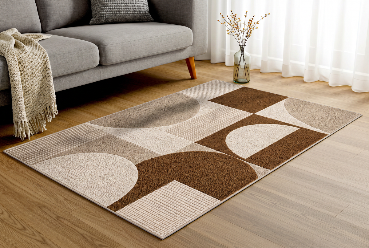 Caramel and Cream Geometric Circle Rug, hand-tufted wool rug
