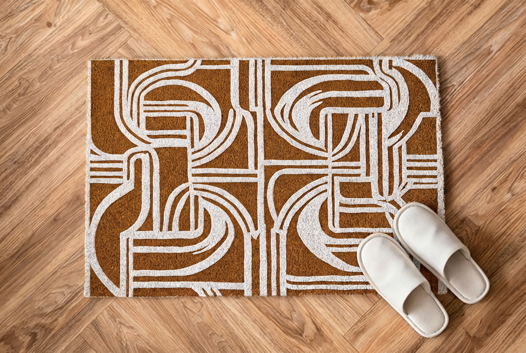 Goldenrod Calligraphy Line Rug, hand-tufted wool rug, second room view