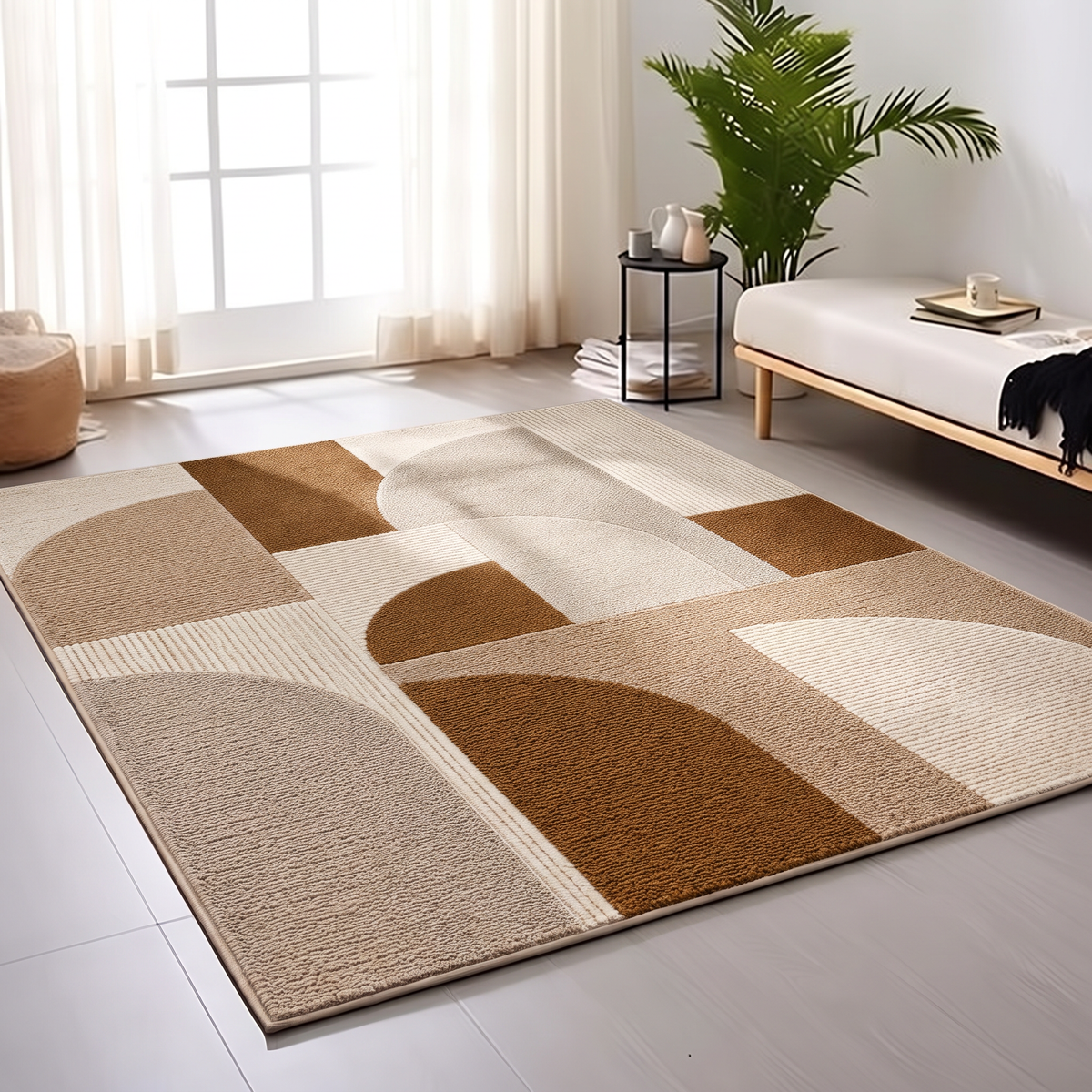 Overlapping Portal Color-Block Rug, hand-tufted wool rug, shown in a styled room