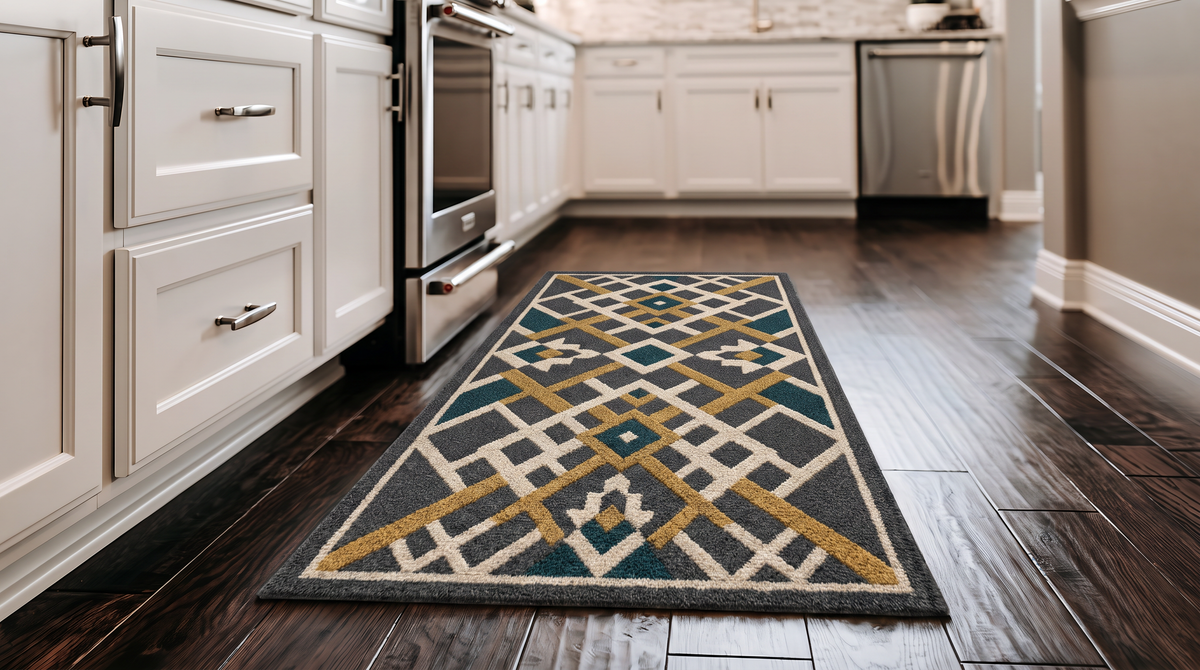 Teal Diamond Trellis Rug, hand-tufted wool rug, shown in a styled room
