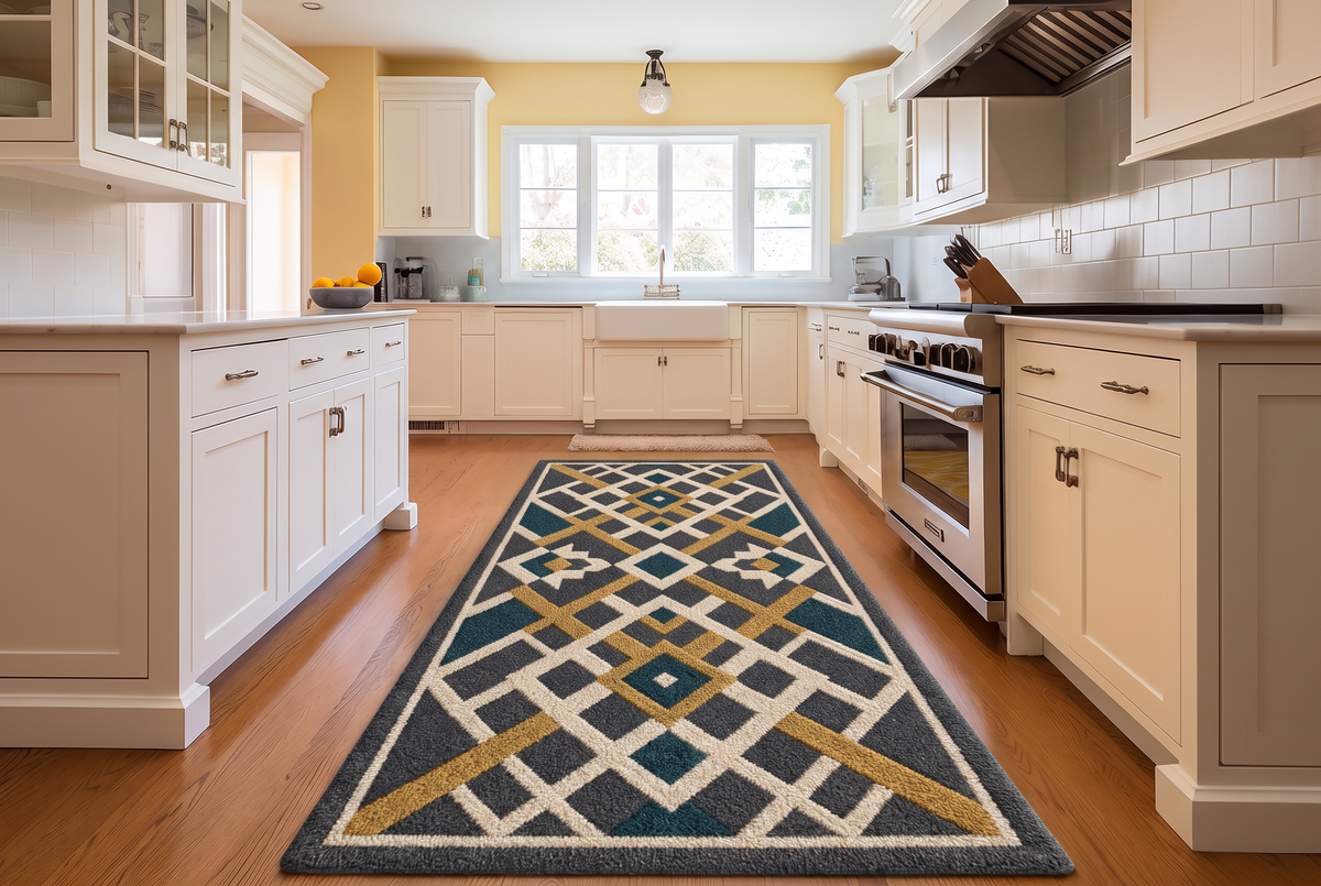 Teal Diamond Trellis Rug, hand-tufted wool rug, second room view