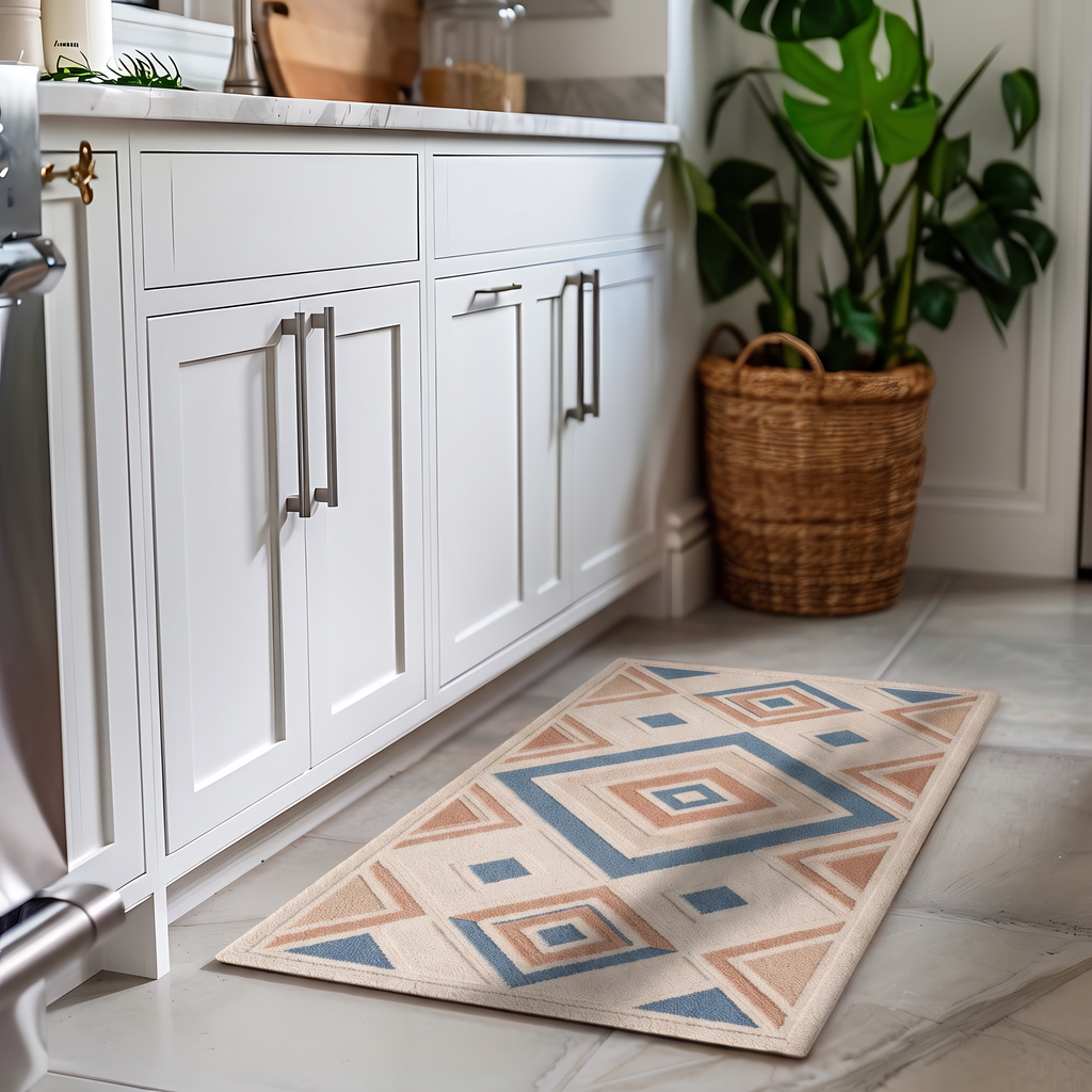 Concentric Diamond Medallion Rug, hand-tufted wool rug, shown in a styled room