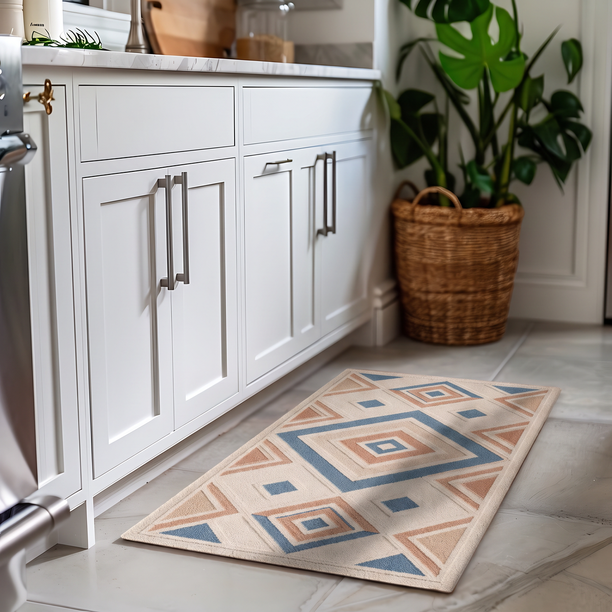 Concentric Diamond Medallion Rug, hand-tufted wool rug, shown in a styled room