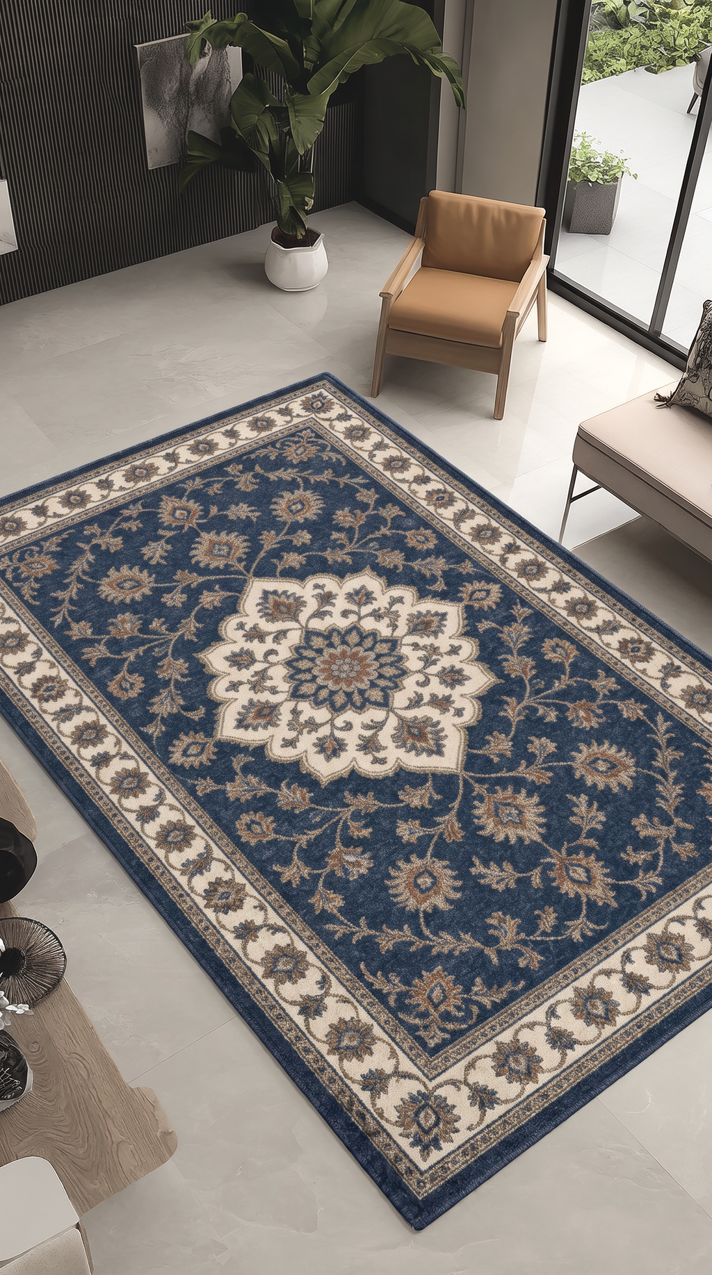 Navy Floral Medallion Rug, hand-tufted wool with navy medallion and ivory scrolling vine border