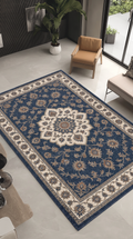 Navy Floral Medallion Rug, hand-tufted wool with navy medallion and ivory scrolling vine border