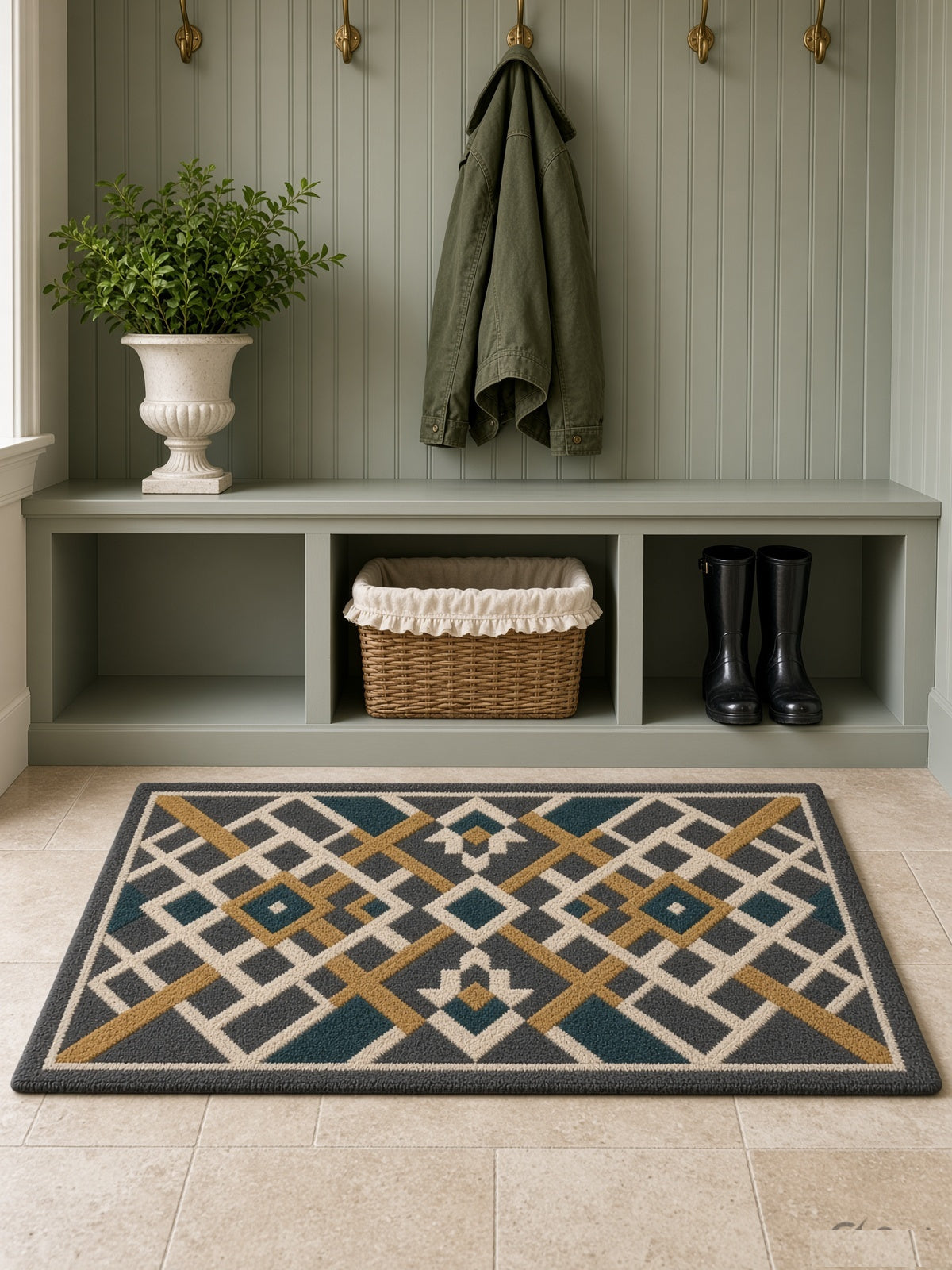 Teal Diamond Trellis Rug, hand-tufted wool rug, close-up view