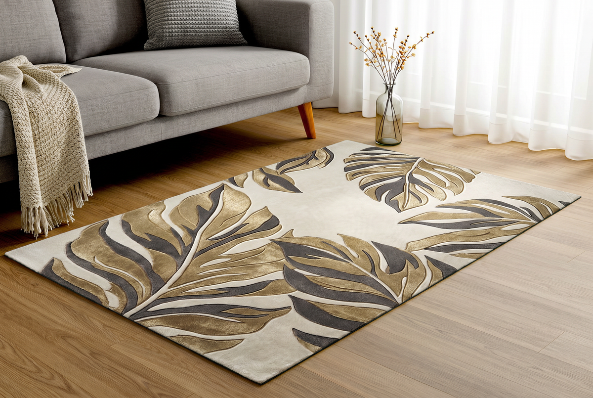 Modern Jungle Leaf Motif Rug, hand-tufted wool and viscose rug, shown in a styled room