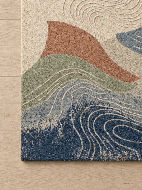 Abstract Landscape Wave Rug, hand-tufted wool rug, shown in a styled room