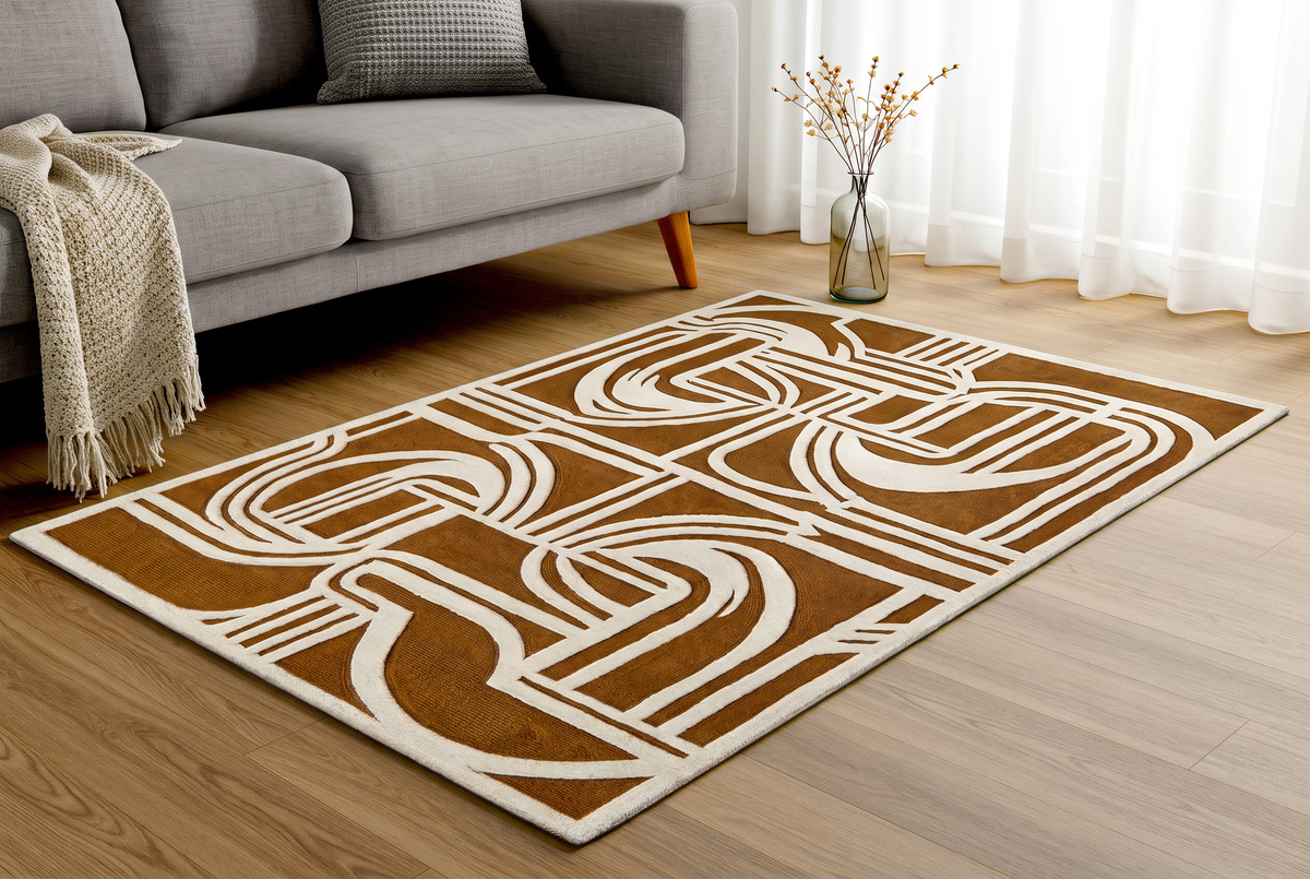 Goldenrod Calligraphy Line Rug, hand-tufted wool rug