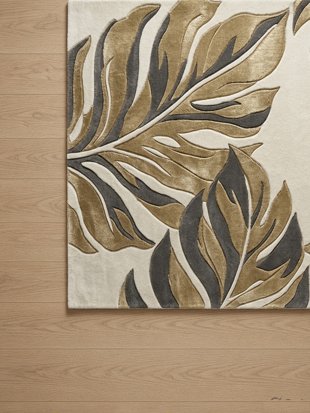 Modern Jungle Leaf Motif Rug, hand-tufted wool and viscose rug, second room view