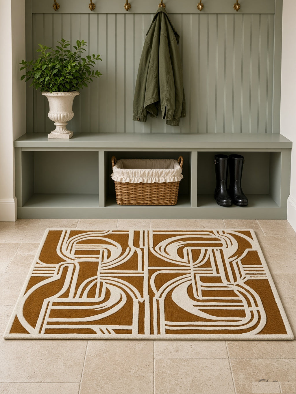 Goldenrod Calligraphy Line Rug, hand-tufted wool rug, close-up view