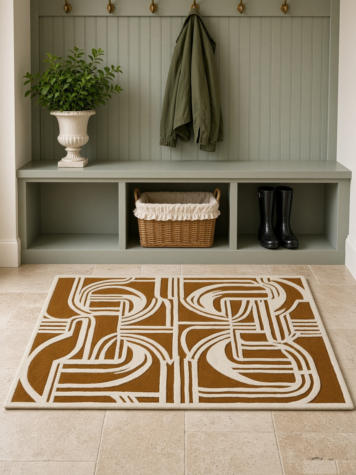 Goldenrod Calligraphy Line Rug, hand-tufted wool rug, close-up view