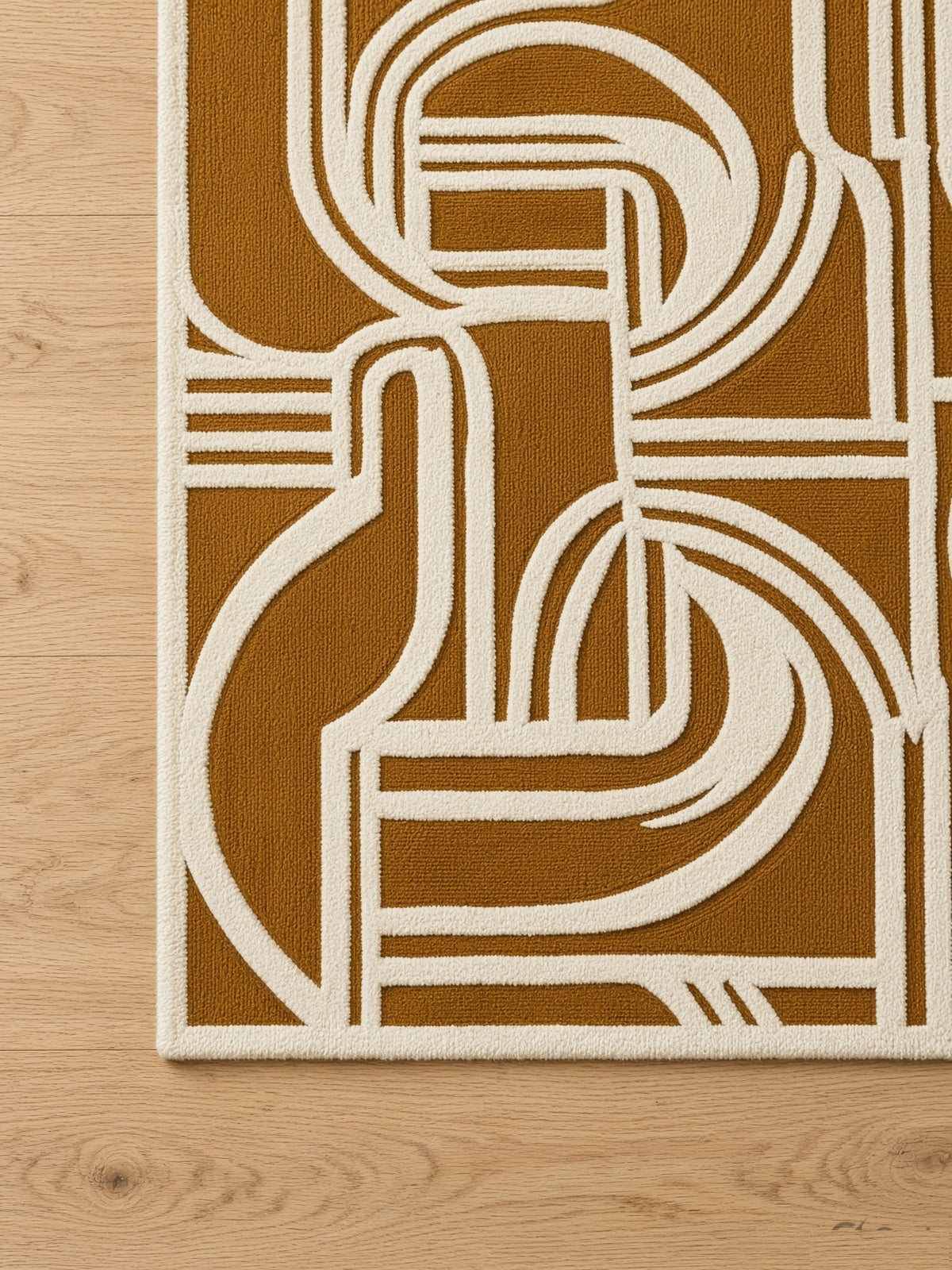 Goldenrod Calligraphy Line Rug, hand-tufted wool rug, alternate room view