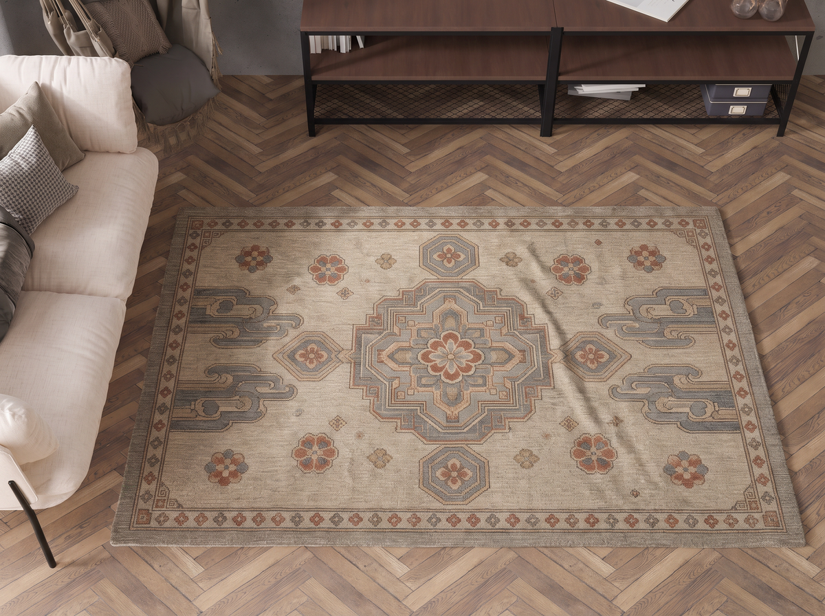 Cloud Scroll Medallion Rug, hand-tufted wool with slate blue medallion and cloud scrolls on greige, second room view