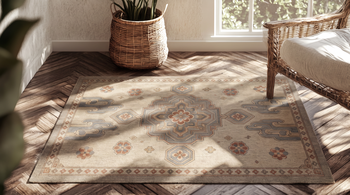 Cloud Scroll Medallion Rug, hand-tufted wool with slate blue medallion and cloud scrolls on greige, shown in a styled room
