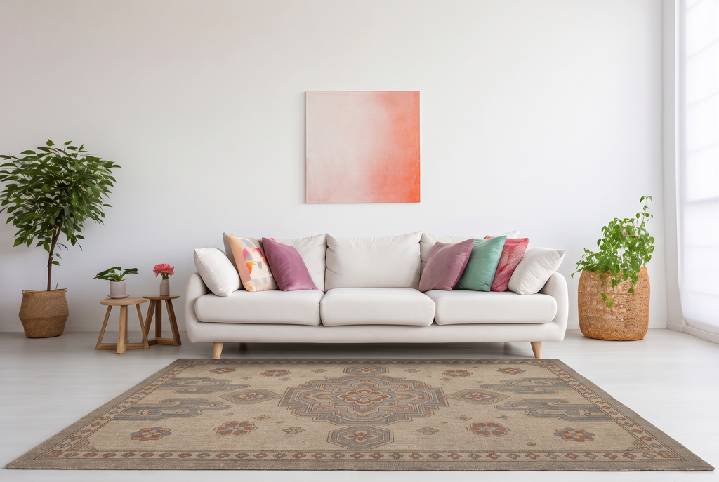 Cloud Scroll Medallion Rug, hand-tufted wool with slate blue medallion and cloud scrolls on greige, alternate room view