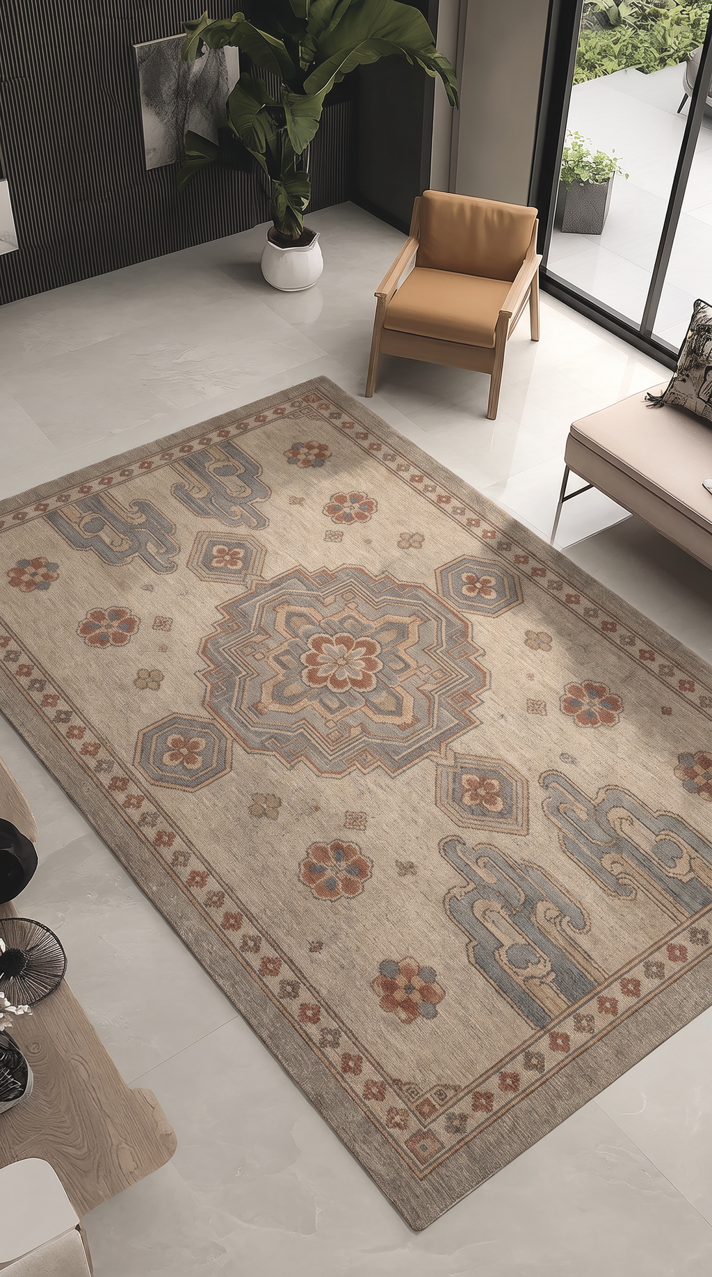 Cloud Scroll Medallion Rug, hand-tufted wool with slate blue medallion and cloud scrolls on greige