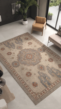 Cloud Scroll Medallion Rug, hand-tufted wool with slate blue medallion and cloud scrolls on greige