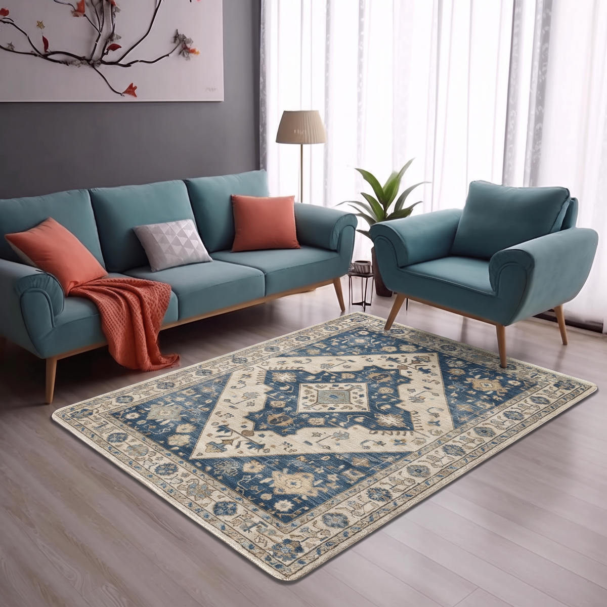 Indigo Diamond Heriz Rug, hand-tufted wool with nested ivory and indigo diamond medallions, second room view