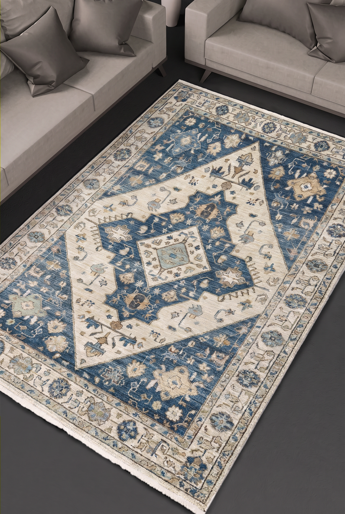 Indigo Diamond Heriz Rug, hand-tufted wool with nested ivory and indigo diamond medallions