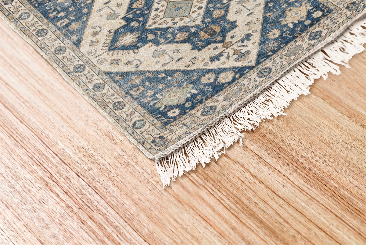Indigo Diamond Heriz Rug, hand-tufted wool with nested ivory and indigo diamond medallions, alternate room view