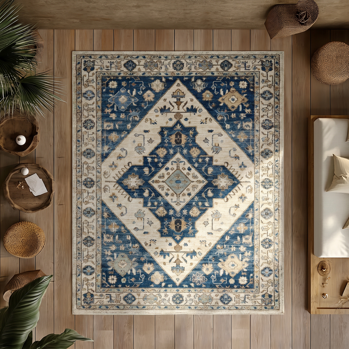 Indigo Diamond Heriz Rug, hand-tufted wool with nested ivory and indigo diamond medallions, shown in a styled room