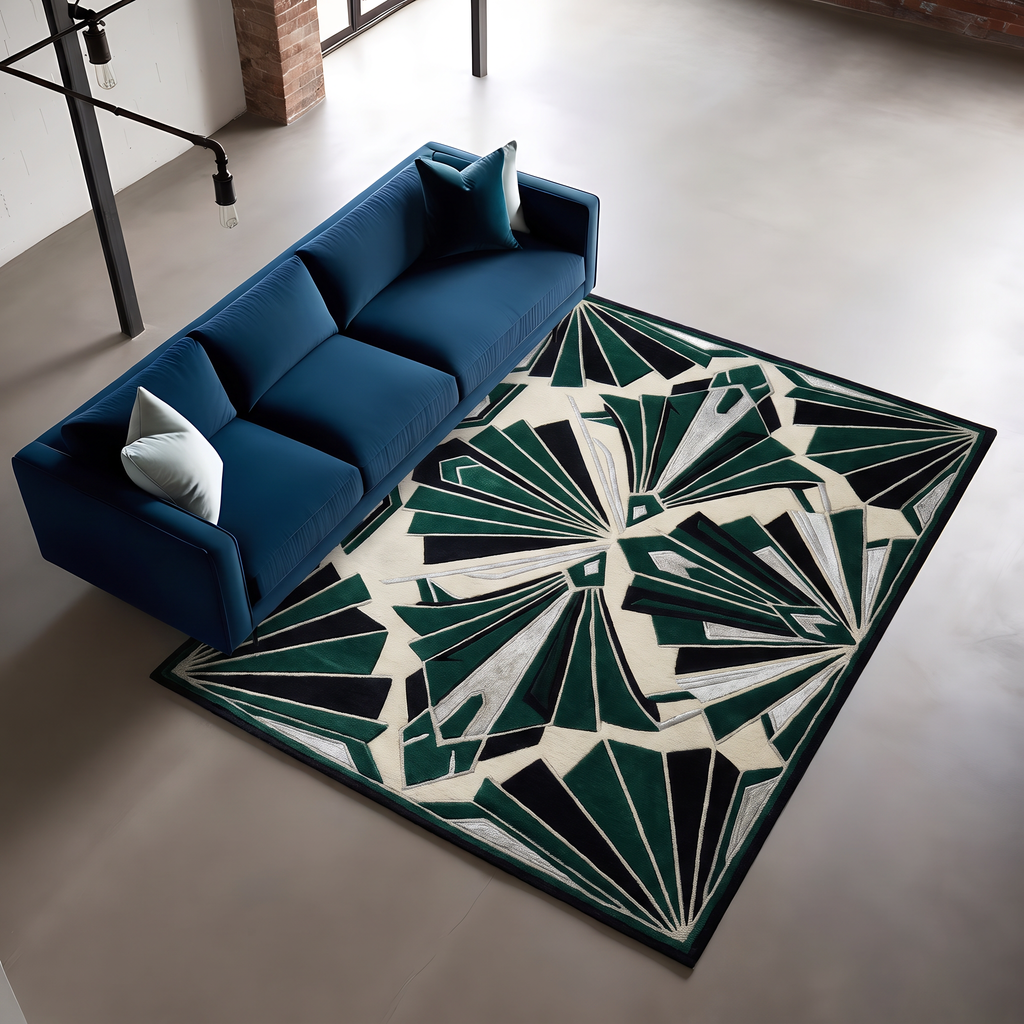 Emerald Art Deco Fan Rug, hand-tufted wool with carved green, black and silver fan motifs on ivory, close-up view