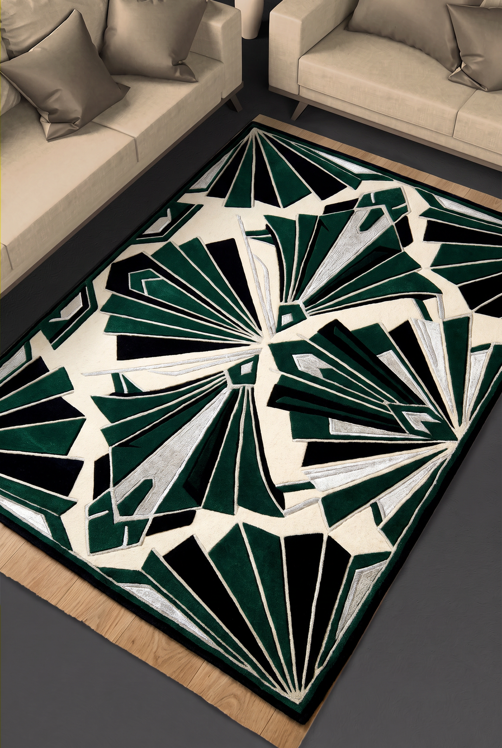 Emerald Art Deco Fan Rug, hand-tufted wool with carved green, black and silver fan motifs on ivory