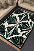 Emerald Art Deco Fan Rug, hand-tufted wool with carved green, black and silver fan motifs on ivory