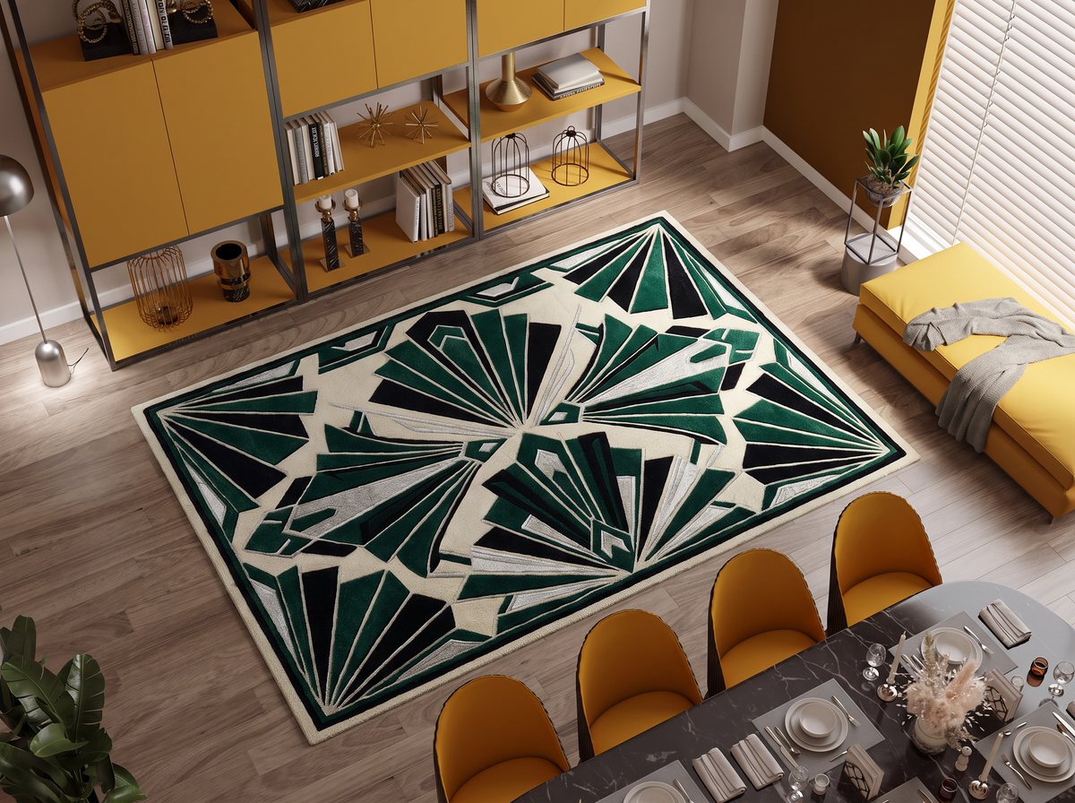 Emerald Art Deco Fan Rug, hand-tufted wool with carved green, black and silver fan motifs on ivory, shown in a styled room