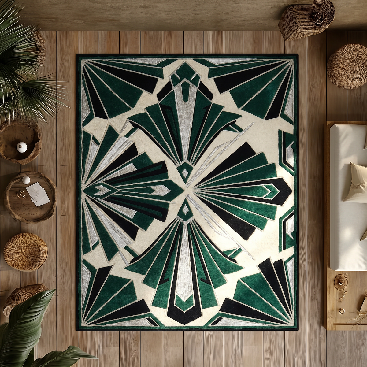 Emerald Art Deco Fan Rug, hand-tufted wool with carved green, black and silver fan motifs on ivory, alternate room view
