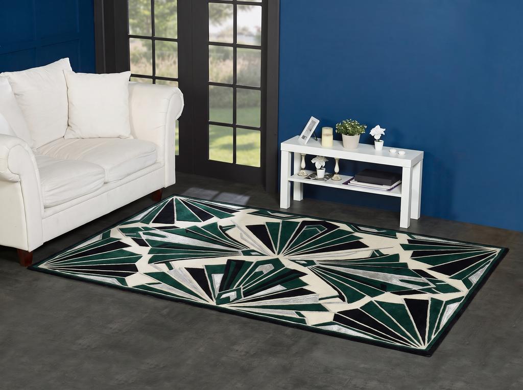 Emerald Art Deco Fan Rug, hand-tufted wool with carved green, black and silver fan motifs on ivory, second room view