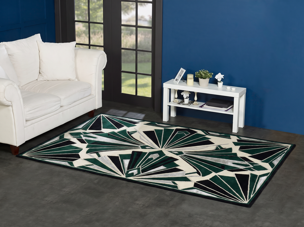 Emerald Art Deco Fan Rug, hand-tufted wool with carved green, black and silver fan motifs on ivory, second room view