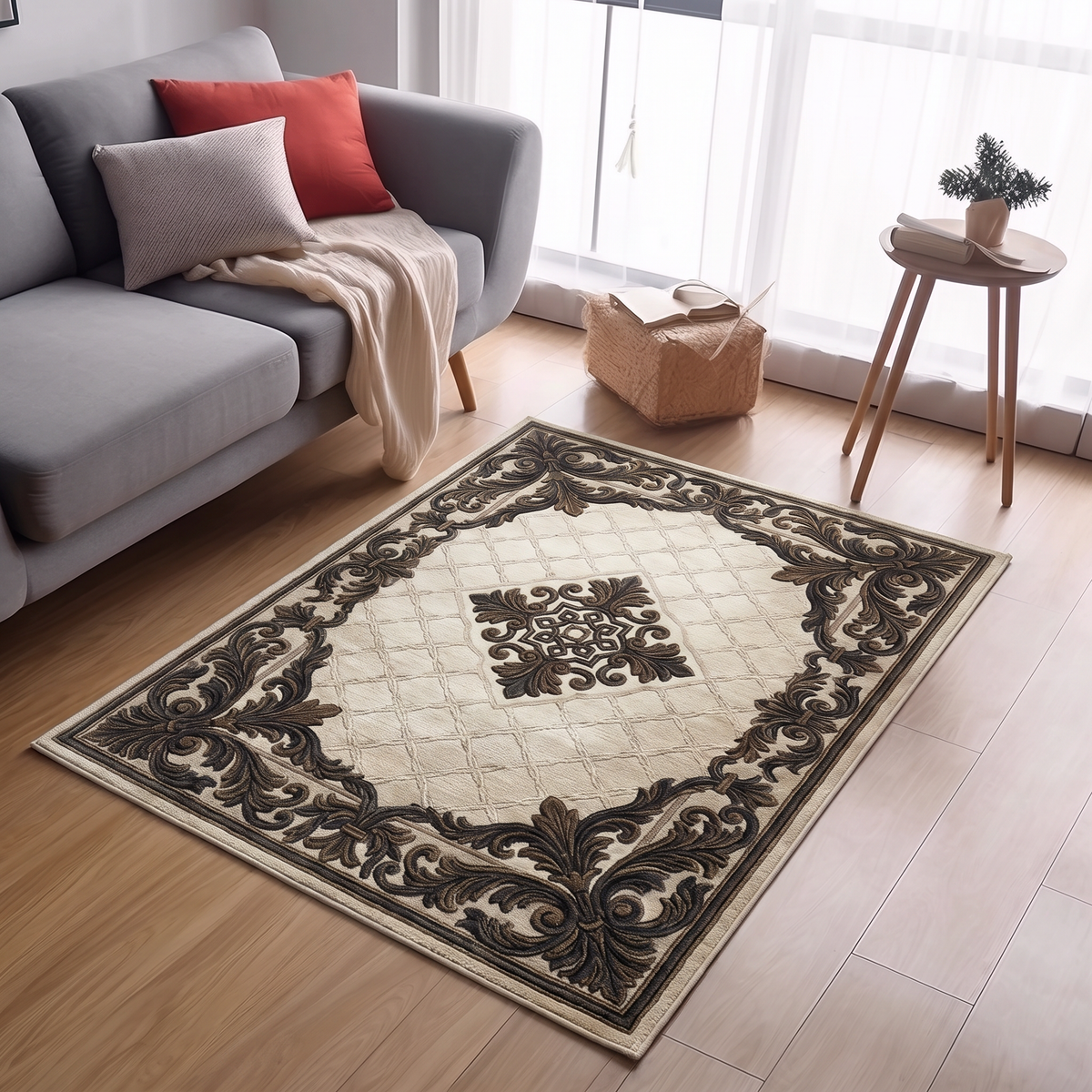 Charcoal Acanthus Scroll Rug, hand-tufted wool with carved charcoal scroll border on an ivory trellis field