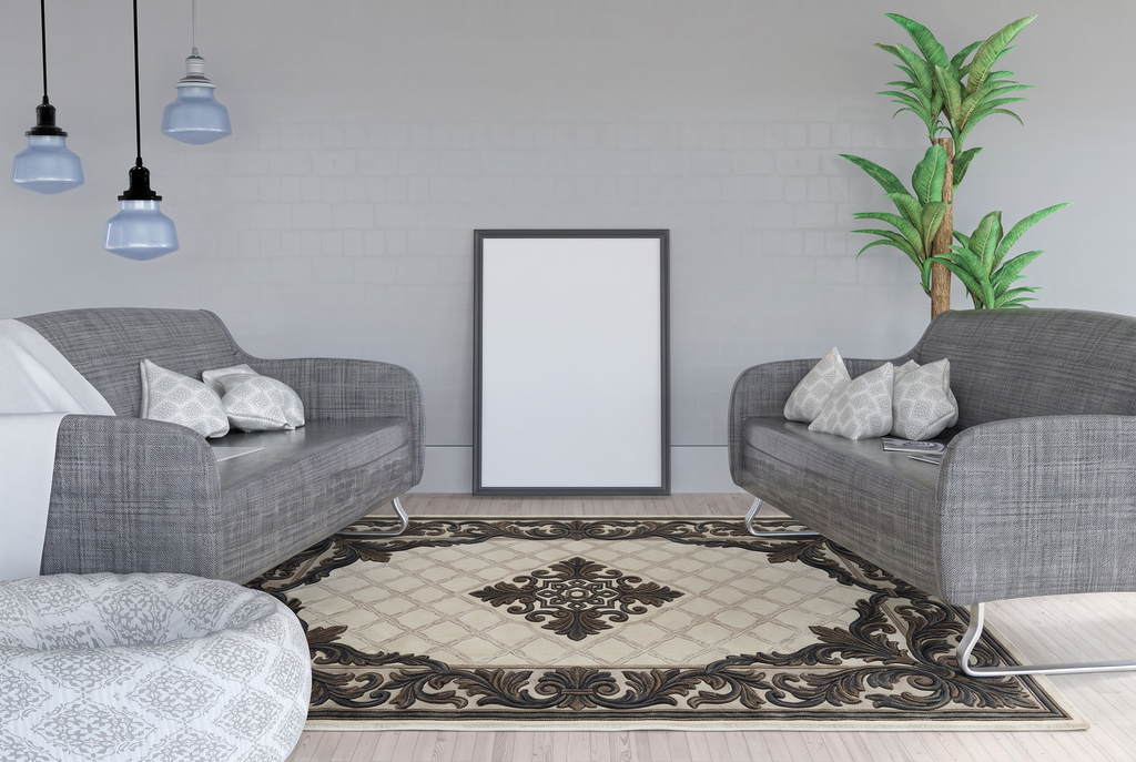 Charcoal Acanthus Scroll Rug, hand-tufted wool with carved charcoal scroll border on an ivory trellis field, second room view
