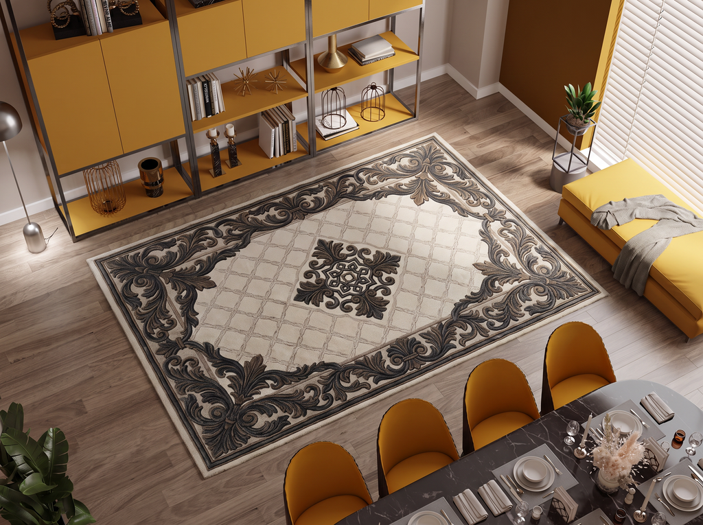 Charcoal Acanthus Scroll Rug, hand-tufted wool with carved charcoal scroll border on an ivory trellis field, shown in a styled room
