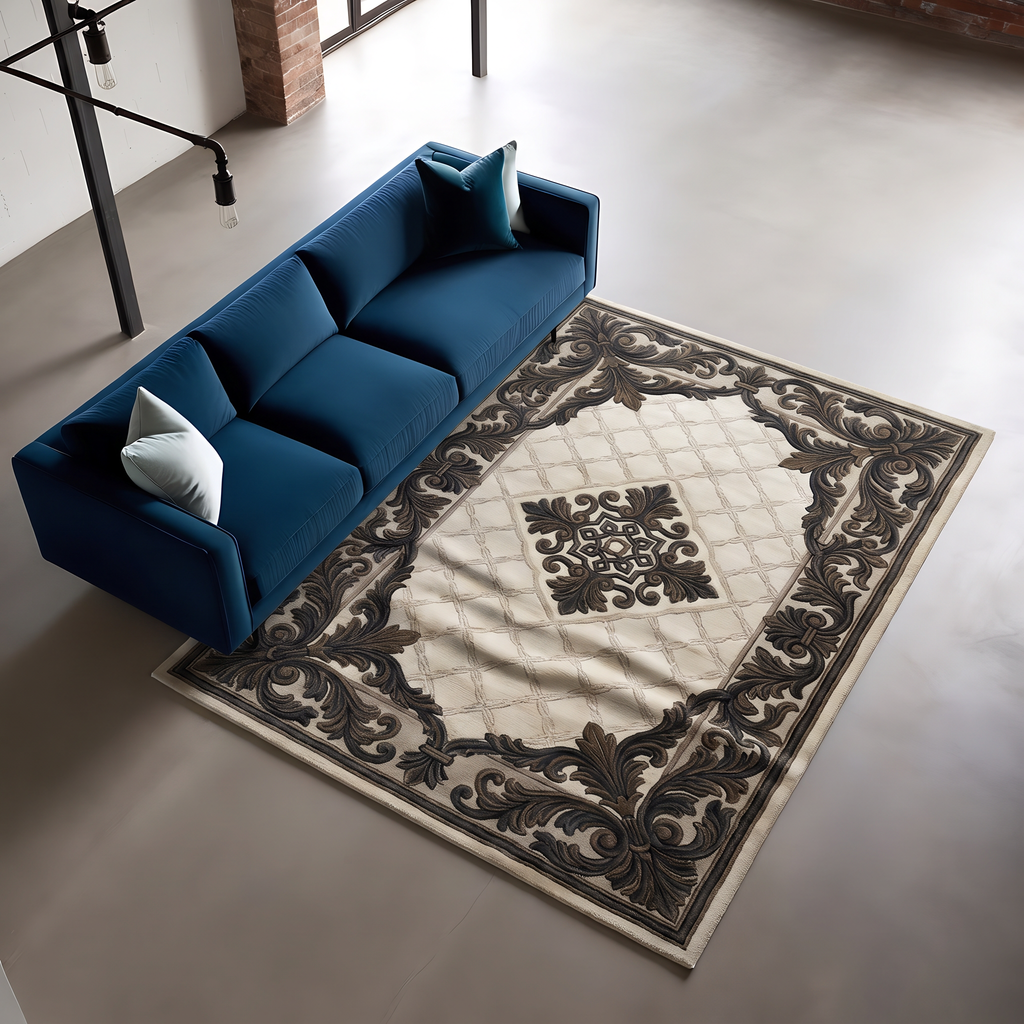 Charcoal Acanthus Scroll Rug, hand-tufted wool with carved charcoal scroll border on an ivory trellis field, close-up view