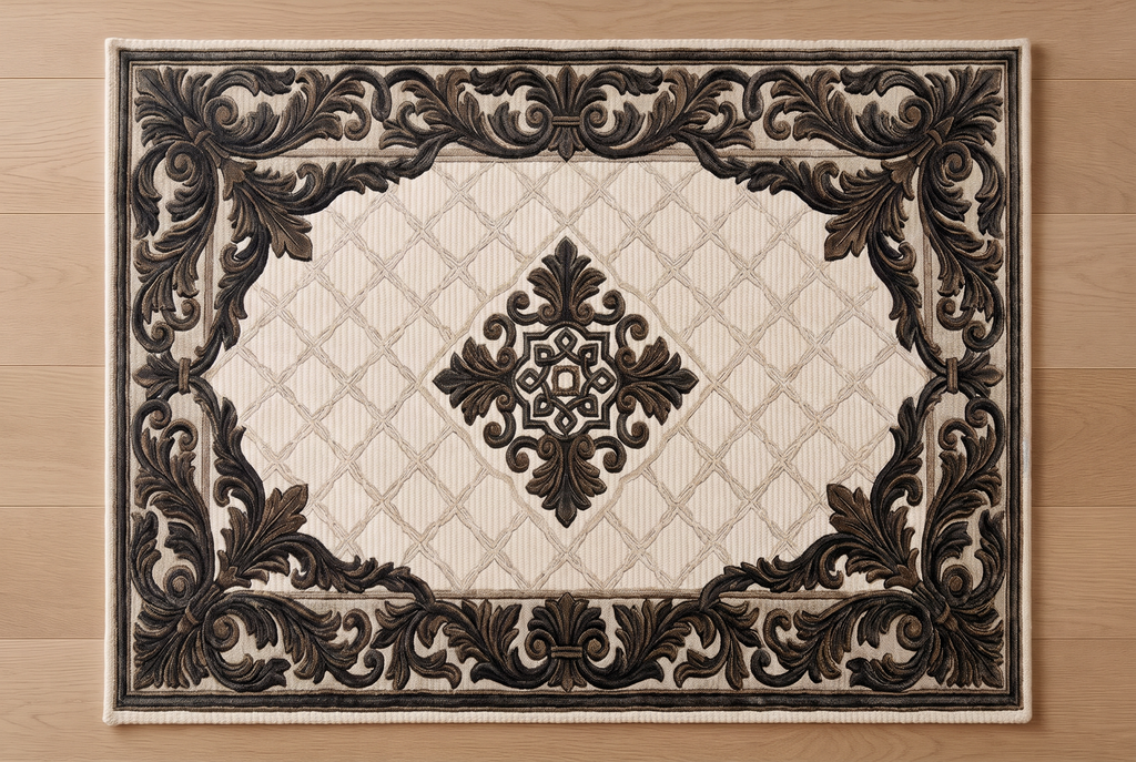 Charcoal Acanthus Scroll Rug, hand-tufted wool with carved charcoal scroll border on an ivory trellis field, alternate room view