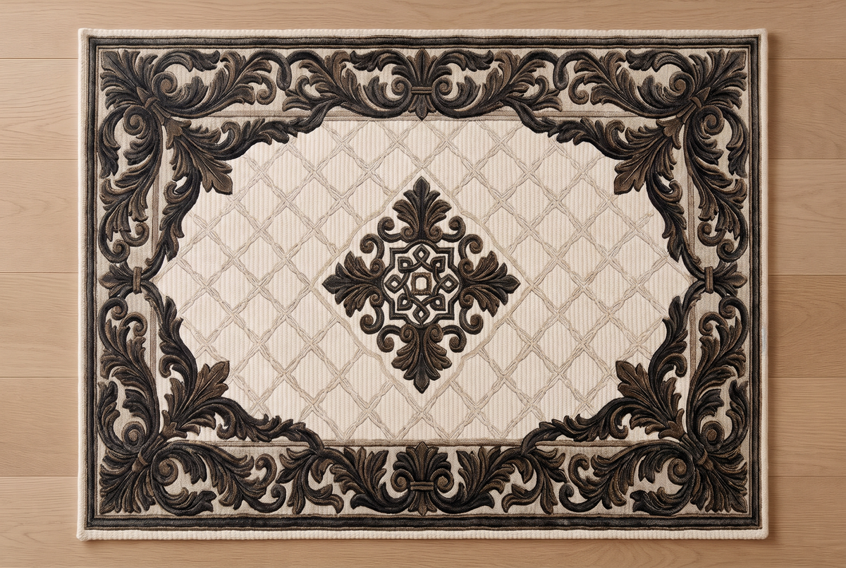 Charcoal Acanthus Scroll Rug, hand-tufted wool with carved charcoal scroll border on an ivory trellis field, alternate room view