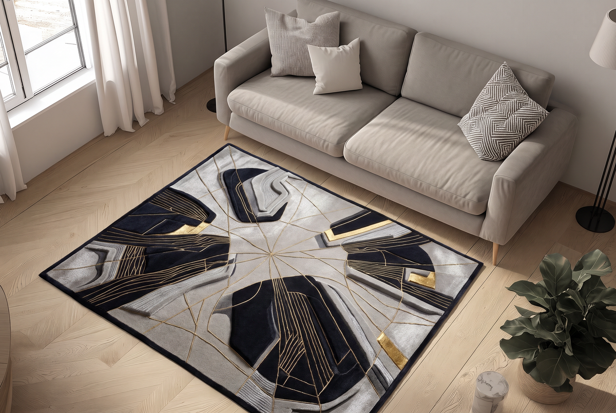 Black Gold Fracture Rug, hand-tufted with gold radiating lines and carved black and grey abstract forms, close-up view