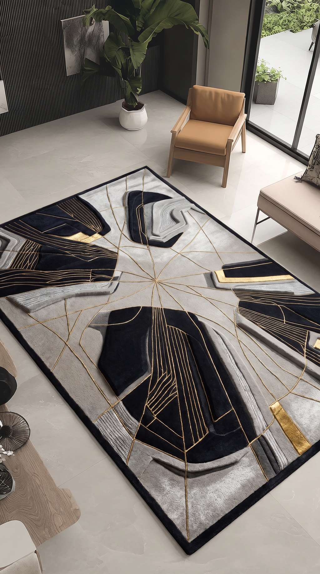 Black Gold Fracture Rug, hand-tufted with gold radiating lines and carved black and grey abstract forms, second room view