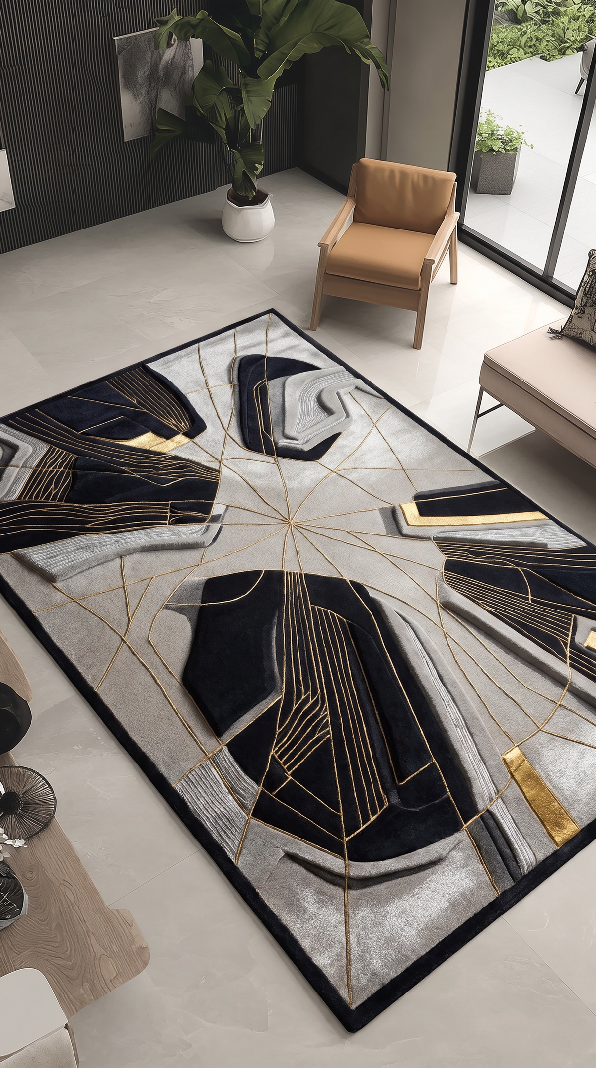 Black Gold Fracture Rug, hand-tufted with gold radiating lines and carved black and grey abstract forms, second room view