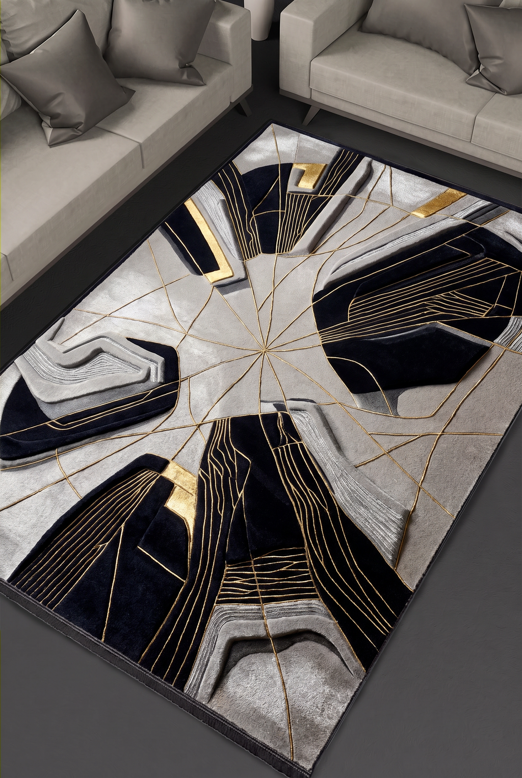 Black Gold Fracture Rug, hand-tufted with gold radiating lines and carved black and grey abstract forms